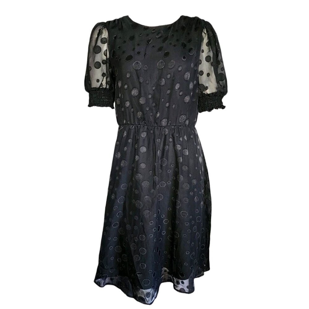 NY COLLECTION Dress Size S Small‎ Solid All Black Short Sleeve Swiss Dot Womens